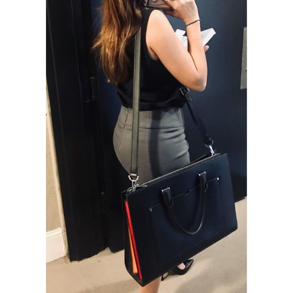 Women Black Leather Lining Slim Business Zipper Shoulder Bag Size 15.6 Inch